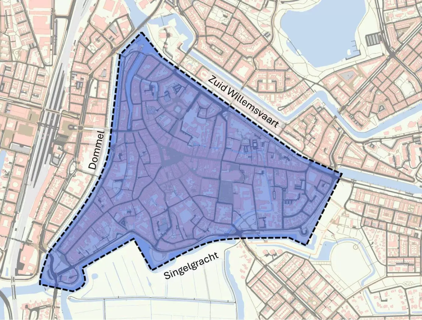 Kaart met de globale begrenzing binnenstad ‘s-Hertogenbosch. Het gebied binnen de oude stadsmuur is gearceerd.