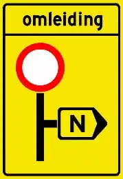 Omleidingsbord: gesloten voor voertuigen, omleiding naar rechts via route N.
