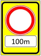 Verkeersbord dat een vooraankondiging is van een verderop gelegen afsluiting op 100 meter