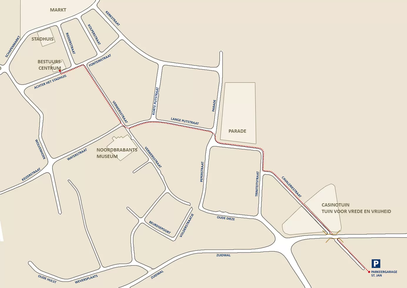 Looproute van parkeergarage Sint-Jan naar bestuurscentrum