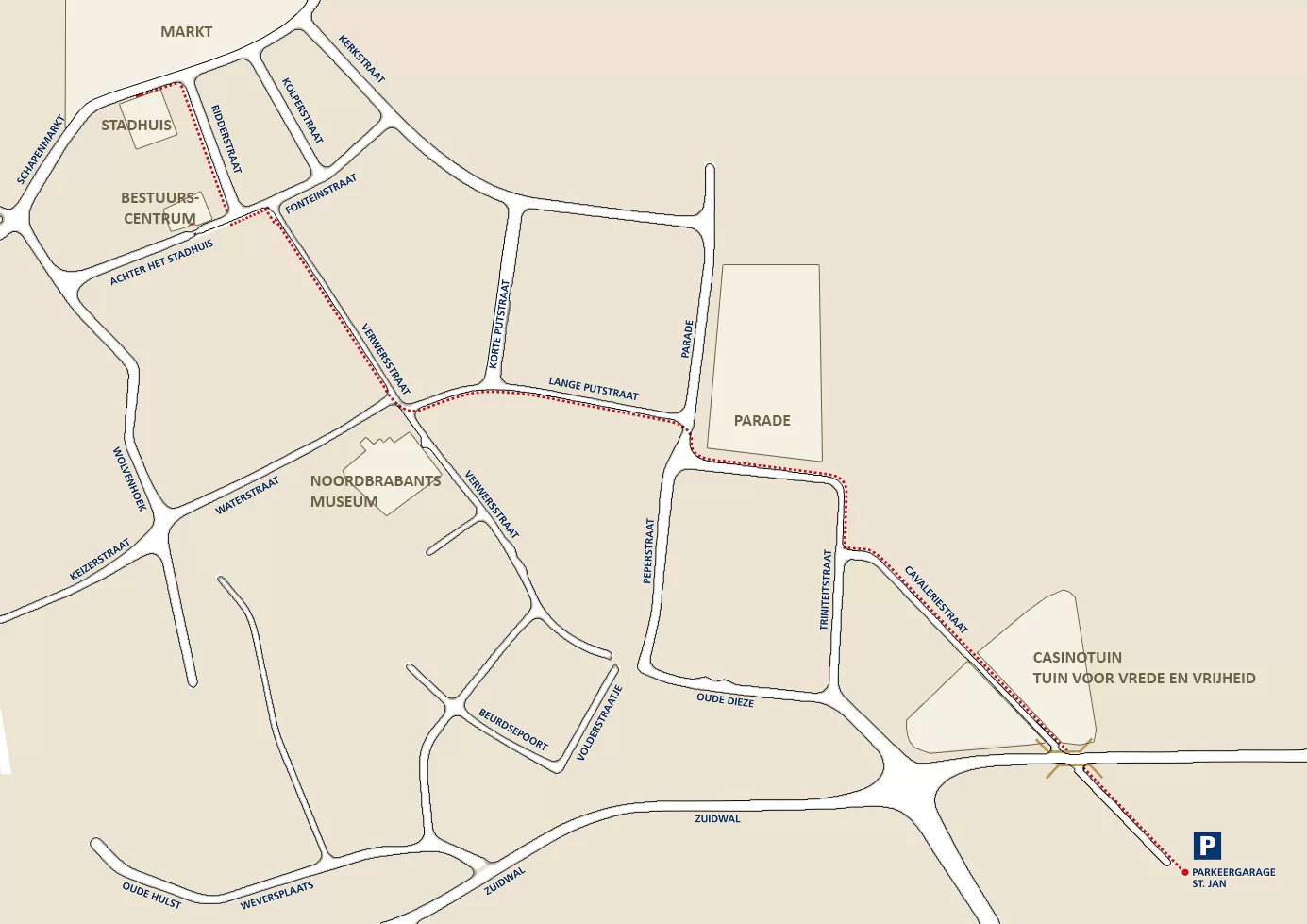 Looproute van parkeergarage Sint-Jan naar stadhuis