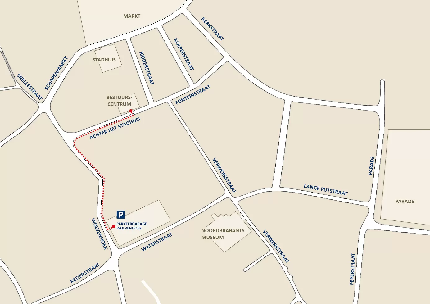 Looproute van parkeergarage Wolvenhoek naar bestuurscentrum
