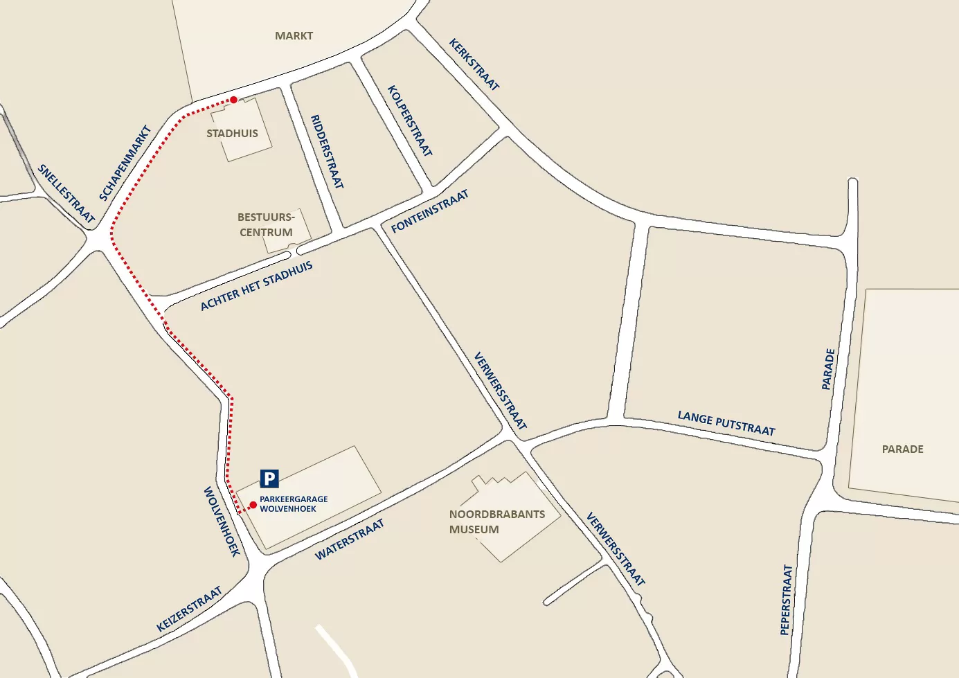 Looproute van parkeergarage Wolvenhoek naar Stadhuis