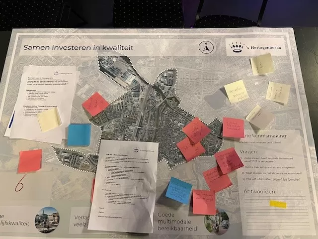Een kaart van de binnenstad met post its geplakt.